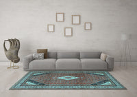 Machine Washable Medallion Light Blue Traditional Rug, wshtr4154lblu