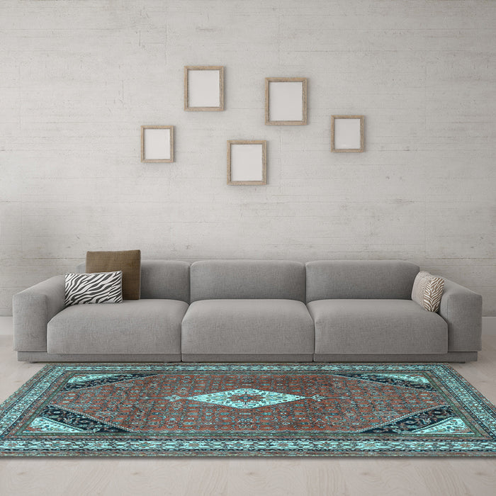 Machine Washable Medallion Light Blue Traditional Rug in a Living Room, wshtr4154lblu
