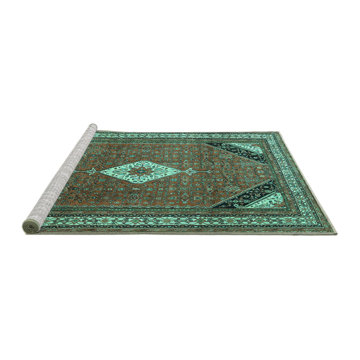 Sideview of Machine Washable Medallion Turquoise Traditional Area Rugs, wshtr4154turq
