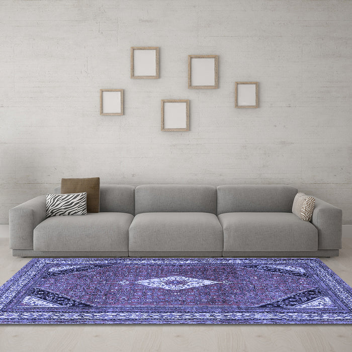 Machine Washable Medallion Blue Traditional Rug in a Living Room, wshtr4154blu