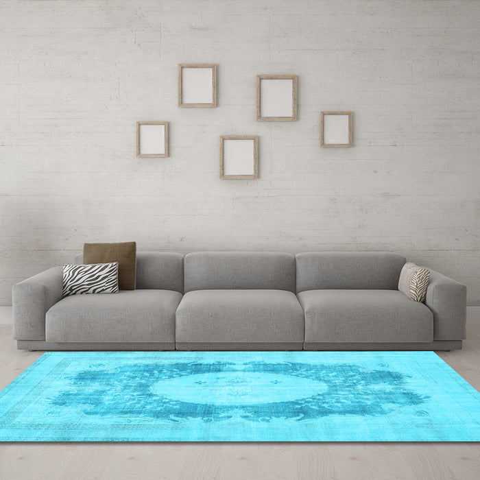 Machine Washable Medallion Light Blue Traditional Rug in a Living Room, wshtr4156lblu