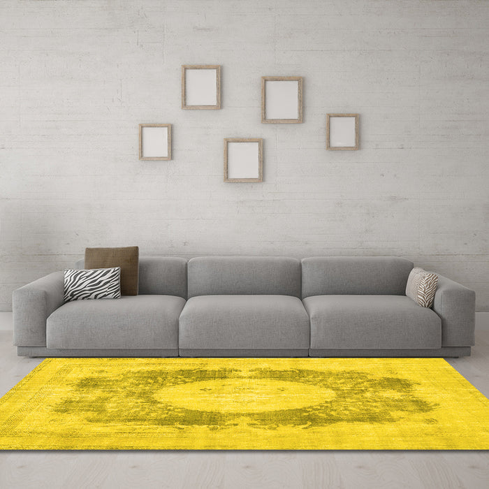 Machine Washable Medallion Yellow Traditional Rug in a Living Room, wshtr4156yw
