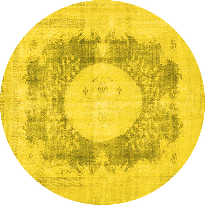 Round Machine Washable Medallion Yellow Traditional Rug, wshtr4156yw