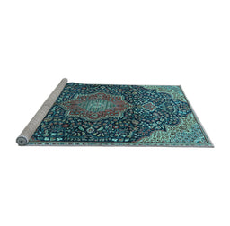Sideview of Machine Washable Medallion Light Blue Traditional Rug, wshtr4157lblu