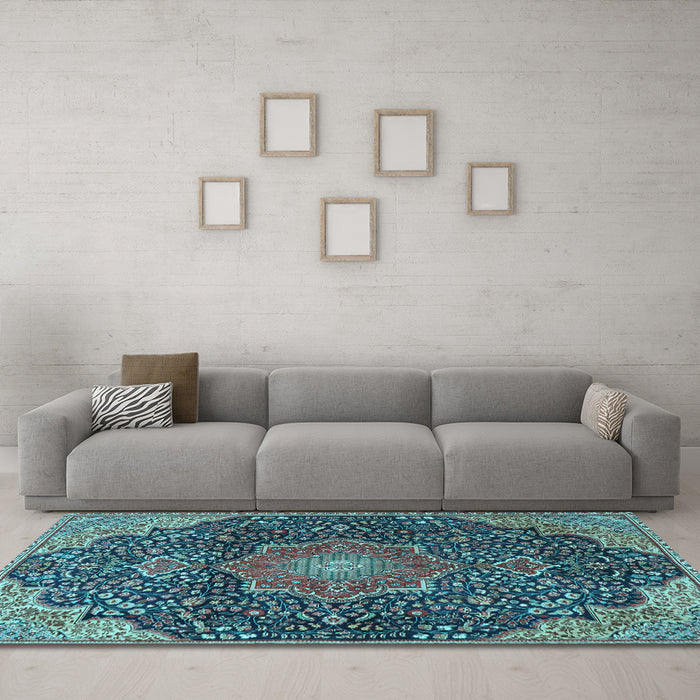 Machine Washable Medallion Light Blue Traditional Rug in a Living Room, wshtr4157lblu