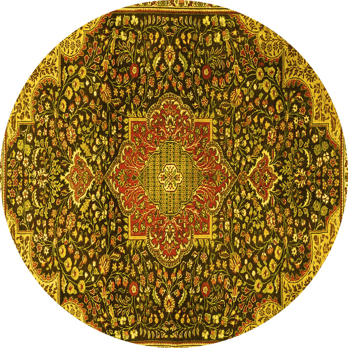 Round Machine Washable Medallion Yellow Traditional Rug, wshtr4157yw