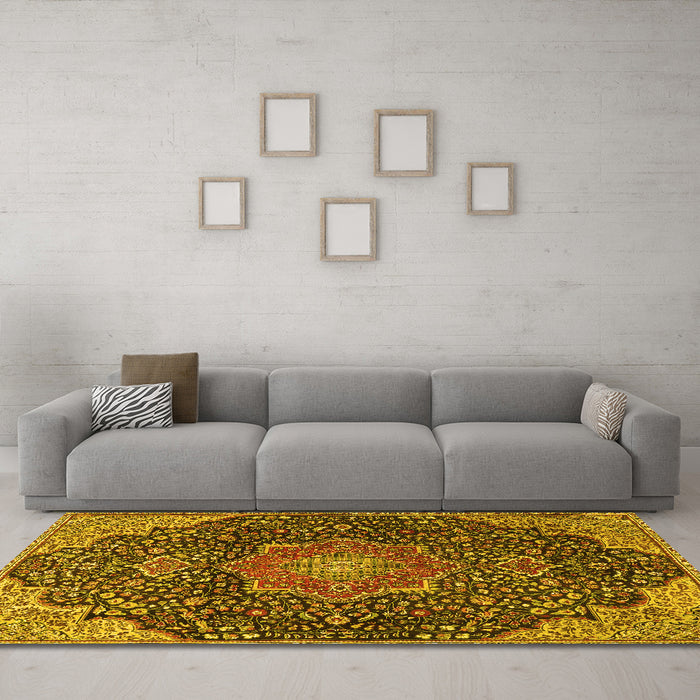Machine Washable Medallion Yellow Traditional Rug in a Living Room, wshtr4157yw