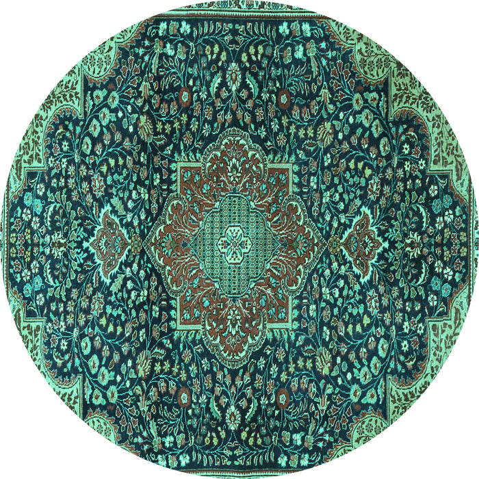 Round Machine Washable Medallion Turquoise Traditional Area Rugs, wshtr4157turq