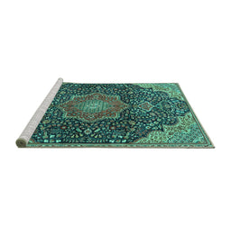 Sideview of Machine Washable Medallion Turquoise Traditional Area Rugs, wshtr4157turq