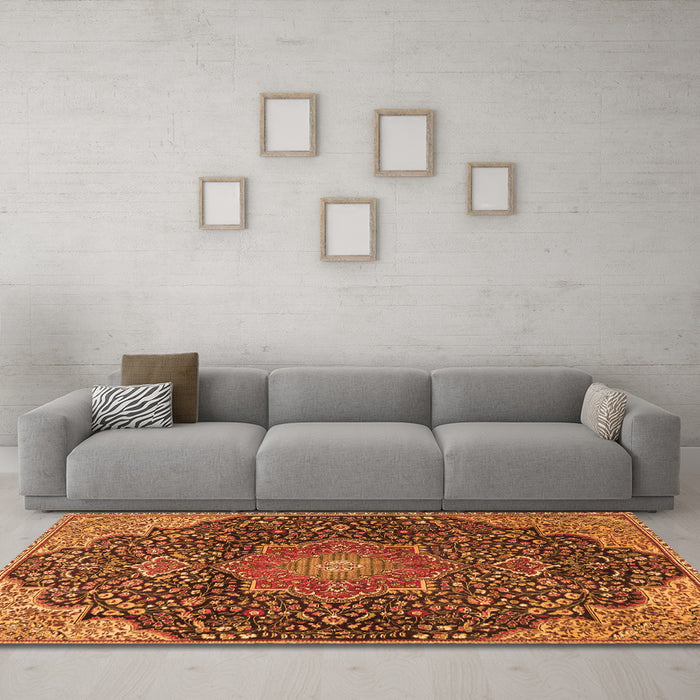 Machine Washable Medallion Orange Traditional Area Rugs in a Living Room, wshtr4157org