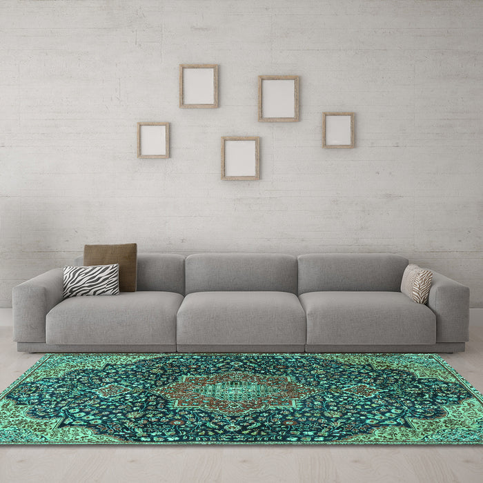 Machine Washable Medallion Turquoise Traditional Area Rugs in a Living Room,, wshtr4157turq