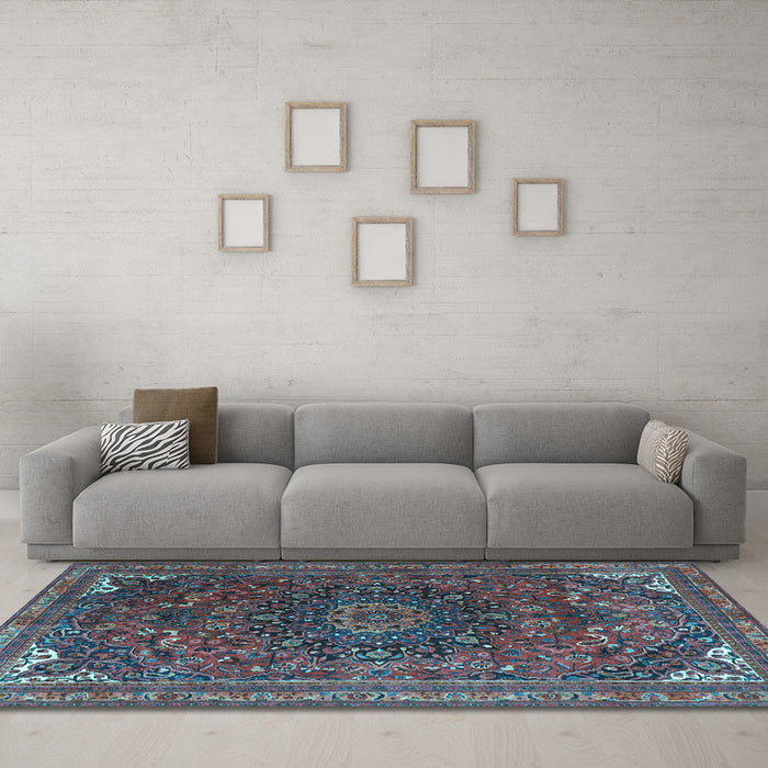 Machine Washable Medallion Light Blue Traditional Rug in a Living Room, wshtr4158lblu