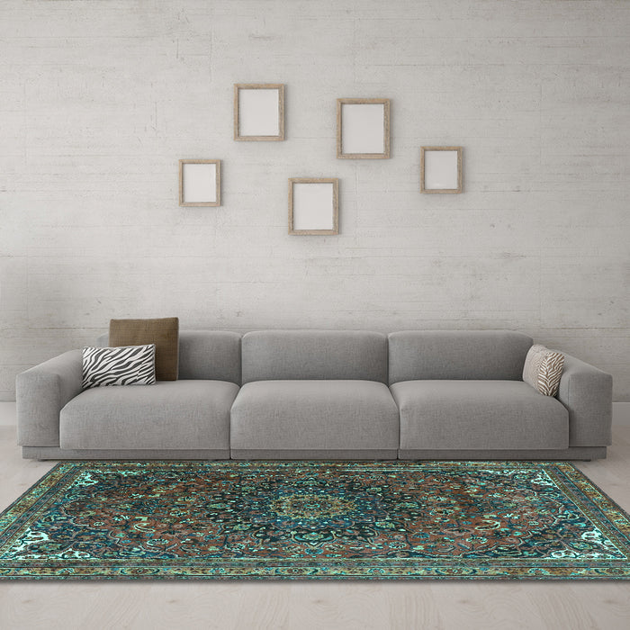 Machine Washable Medallion Turquoise Traditional Area Rugs in a Living Room,, wshtr4158turq