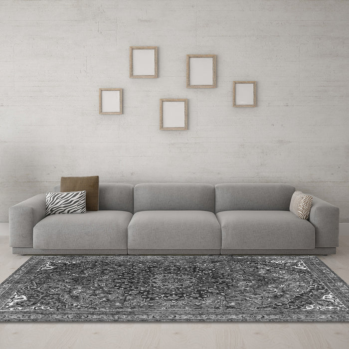 Machine Washable Medallion Gray Traditional Rug in a Living Room,, wshtr4158gry