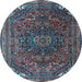 Round Machine Washable Medallion Light Blue Traditional Rug, wshtr4158lblu