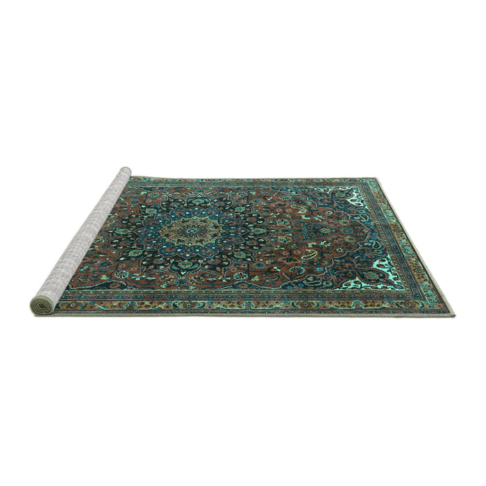Sideview of Machine Washable Medallion Turquoise Traditional Area Rugs, wshtr4158turq