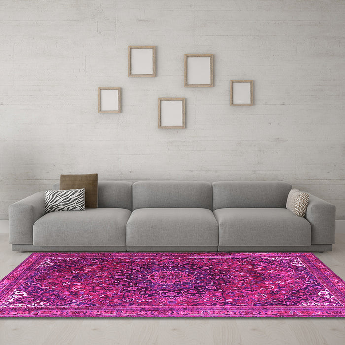 Machine Washable Medallion Pink Traditional Rug in a Living Room, wshtr4158pnk