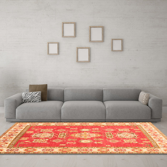 Machine Washable Geometric Orange Traditional Area Rugs in a Living Room, wshtr415org