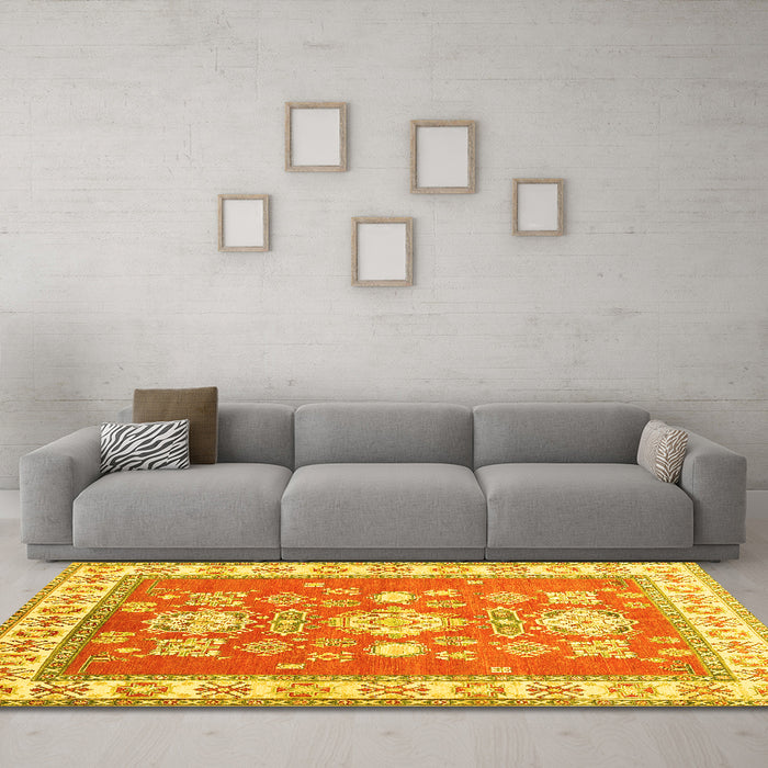 Machine Washable Geometric Yellow Traditional Rug in a Living Room, wshtr415yw