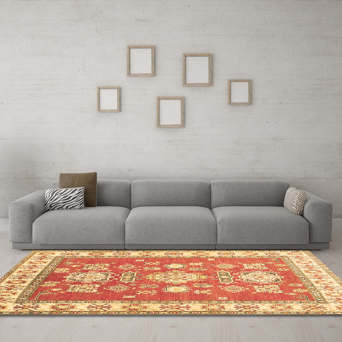 Machine Washable Geometric Brown Traditional Rug in a Living Room,, wshtr415brn