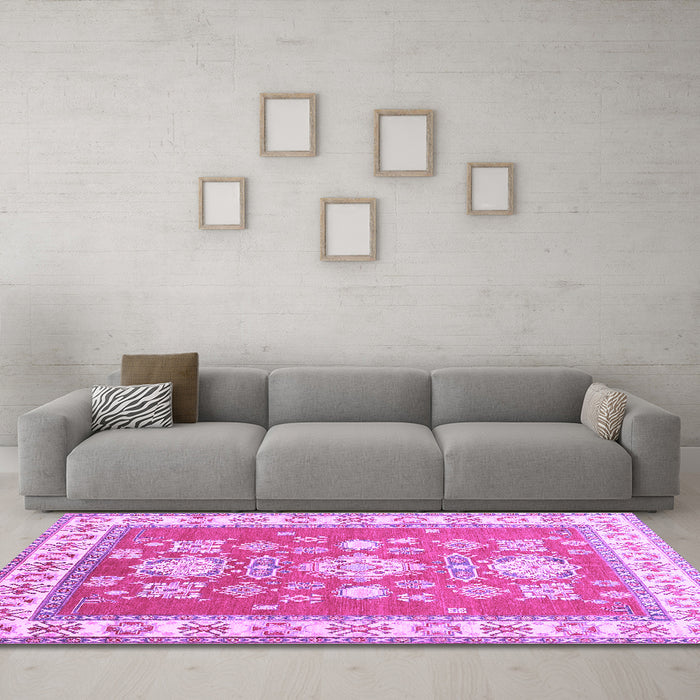 Machine Washable Geometric Purple Traditional Area Rugs in a Living Room, wshtr415pur