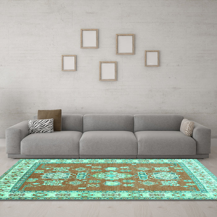 Machine Washable Geometric Turquoise Traditional Area Rugs in a Living Room,, wshtr415turq