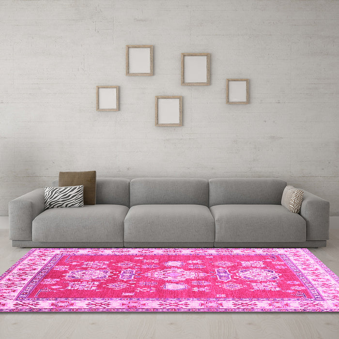Machine Washable Geometric Pink Traditional Rug in a Living Room, wshtr415pnk