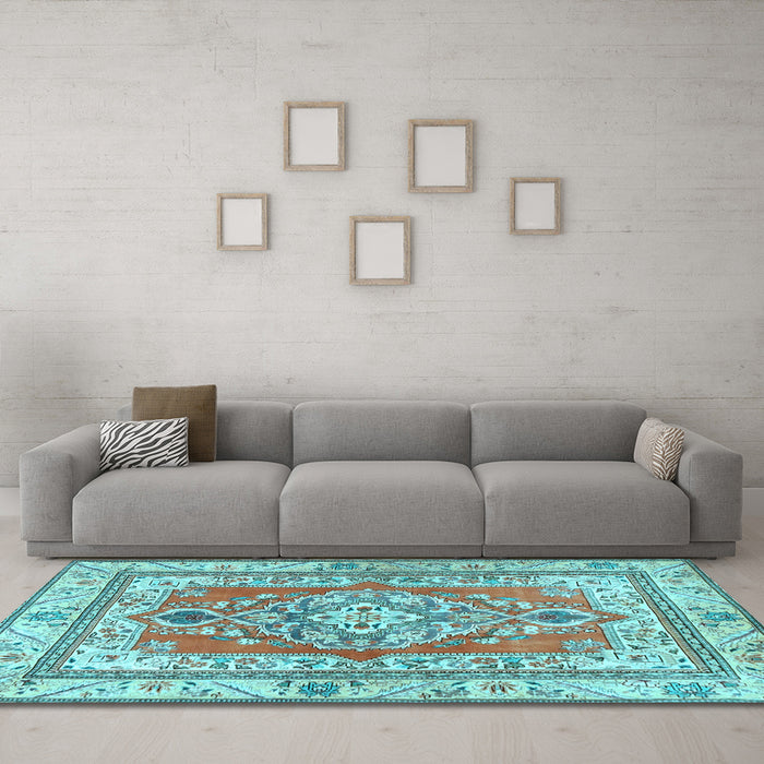 Machine Washable Persian Light Blue Traditional Rug in a Living Room, wshtr4160lblu