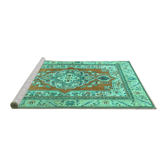 Sideview of Machine Washable Persian Turquoise Traditional Area Rugs, wshtr4160turq
