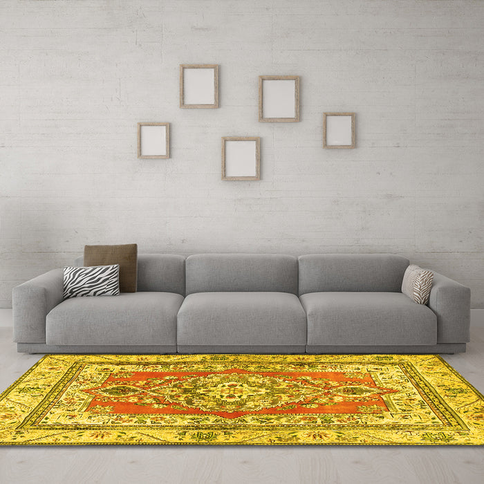 Machine Washable Persian Yellow Traditional Rug in a Living Room, wshtr4160yw