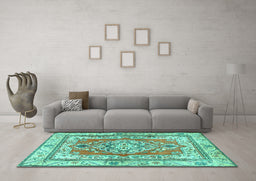 Machine Washable Persian Turquoise Traditional Area Rugs in a Living Room,, wshtr4160turq