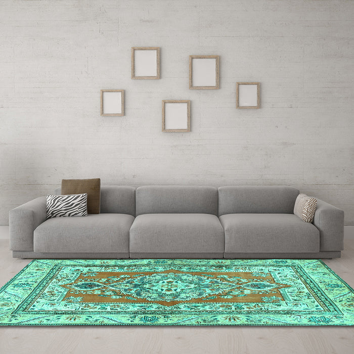 Machine Washable Persian Turquoise Traditional Area Rugs in a Living Room,, wshtr4160turq