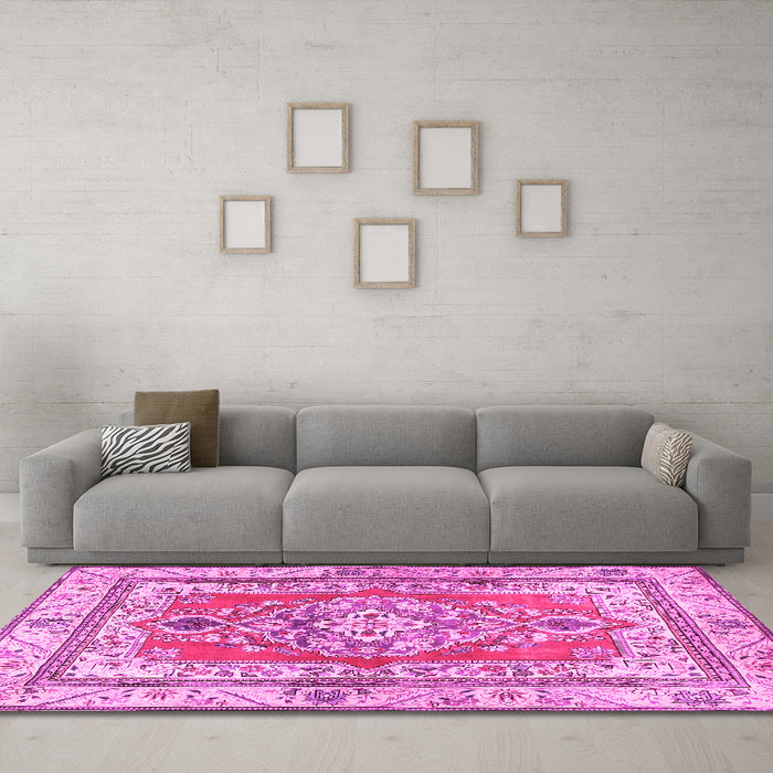Machine Washable Persian Pink Traditional Rug in a Living Room, wshtr4160pnk