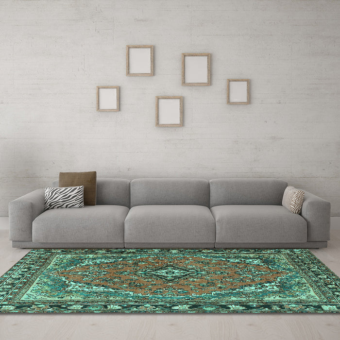 Machine Washable Persian Turquoise Traditional Area Rugs in a Living Room,, wshtr4162turq