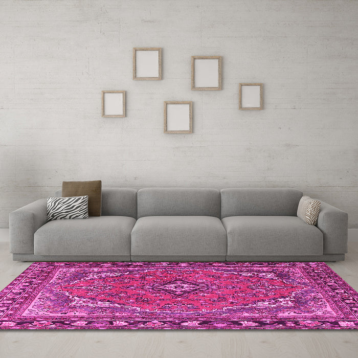 Machine Washable Persian Pink Traditional Rug in a Living Room, wshtr4162pnk