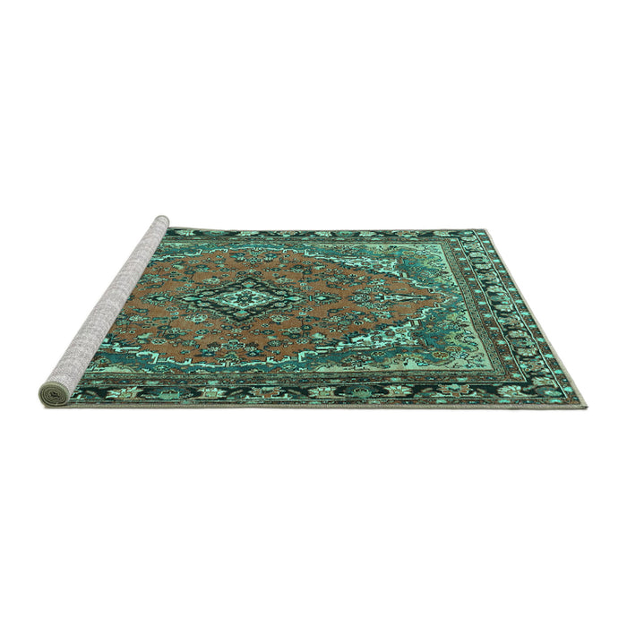 Sideview of Machine Washable Persian Turquoise Traditional Area Rugs, wshtr4162turq