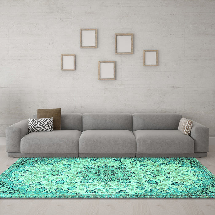 Machine Washable Medallion Turquoise Traditional Area Rugs in a Living Room,, wshtr4163turq