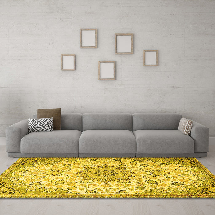 Machine Washable Medallion Yellow Traditional Rug in a Living Room, wshtr4163yw