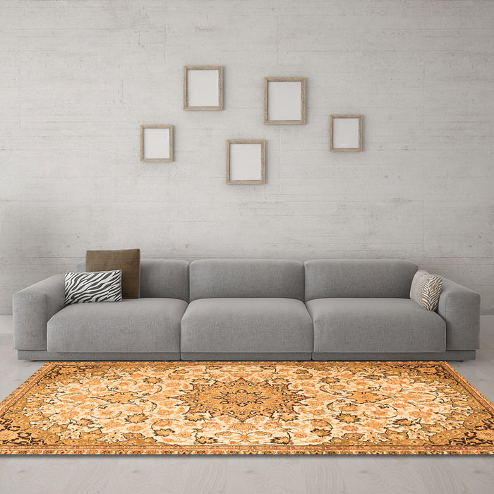 Machine Washable Medallion Orange Traditional Area Rugs in a Living Room, wshtr4163org