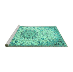 Sideview of Machine Washable Medallion Turquoise Traditional Area Rugs, wshtr4163turq