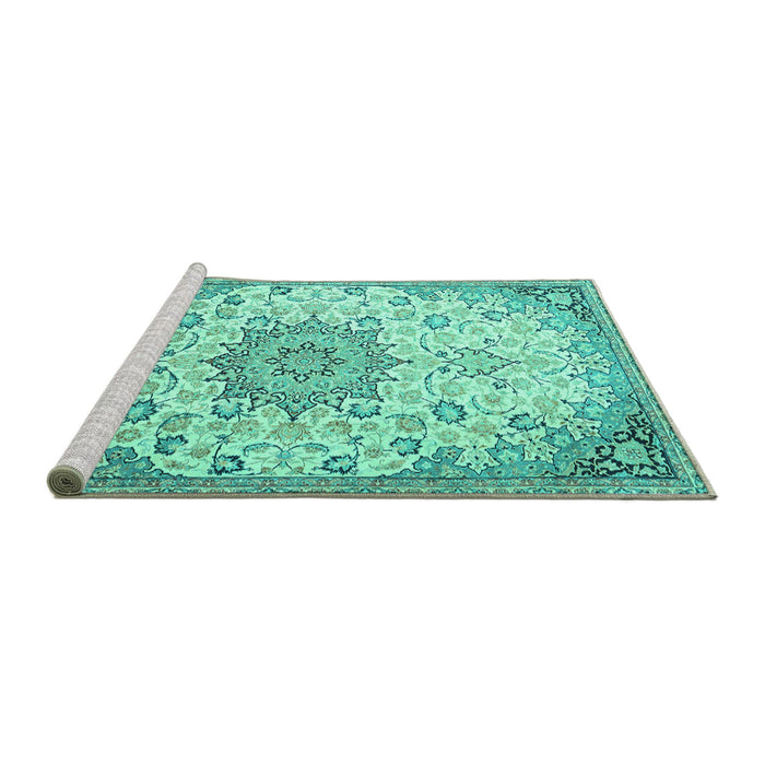 Sideview of Machine Washable Medallion Turquoise Traditional Area Rugs, wshtr4163turq