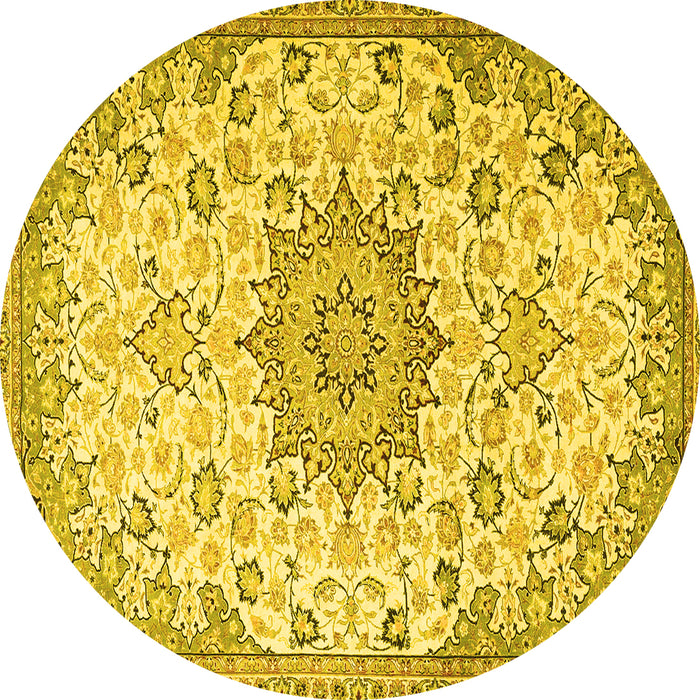 Round Machine Washable Medallion Yellow Traditional Rug, wshtr4163yw
