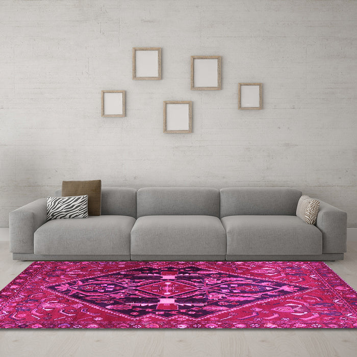 Machine Washable Medallion Pink Traditional Rug in a Living Room, wshtr4165pnk