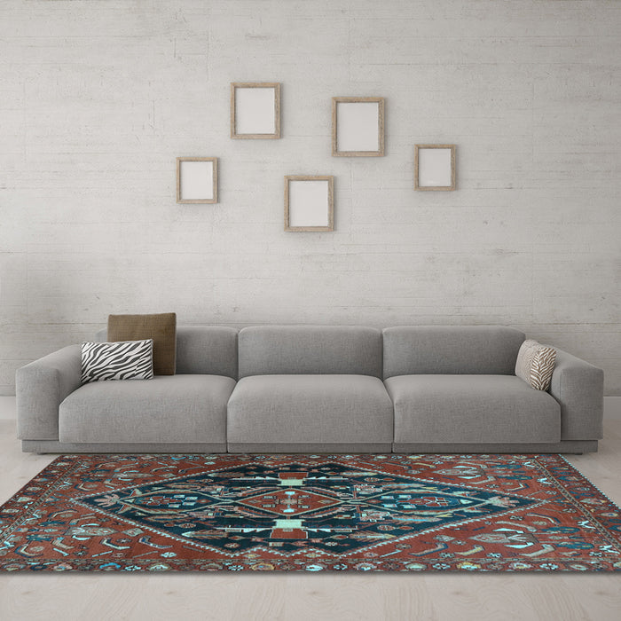 Machine Washable Medallion Light Blue Traditional Rug in a Living Room, wshtr4165lblu