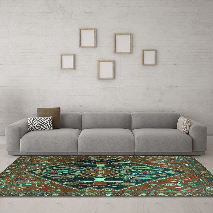 Machine Washable Medallion Turquoise Traditional Area Rugs in a Living Room,, wshtr4165turq