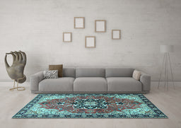 Machine Washable Medallion Light Blue Traditional Rug in a Living Room, wshtr4166lblu