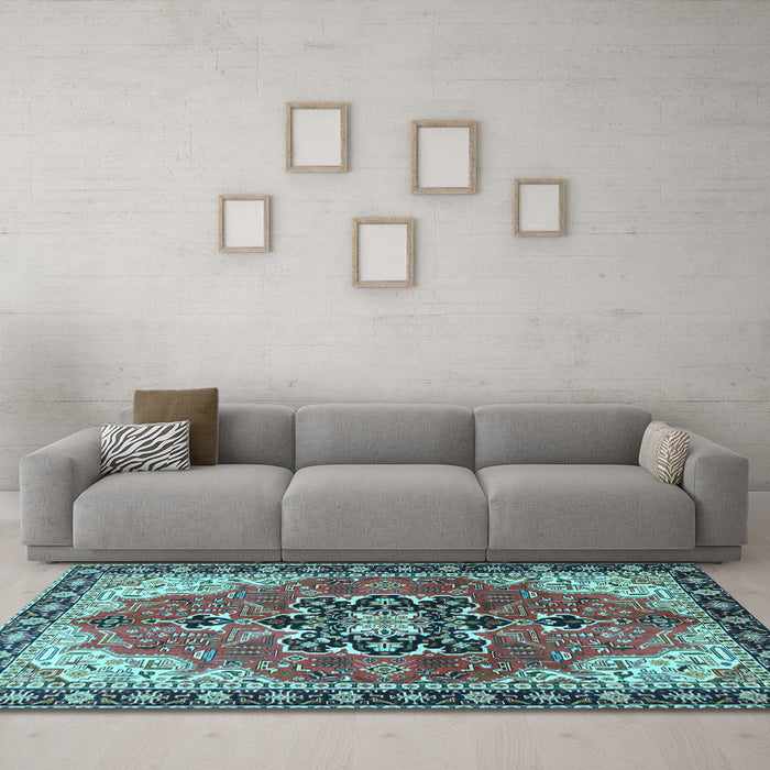 Machine Washable Medallion Light Blue Traditional Rug in a Living Room, wshtr4166lblu