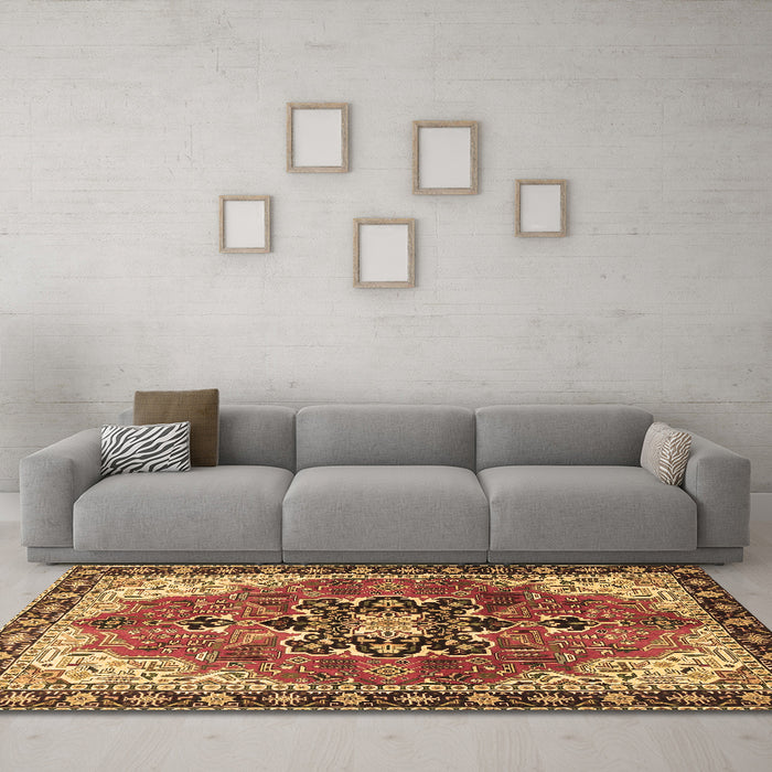 Machine Washable Medallion Brown Traditional Rug in a Living Room,, wshtr4166brn
