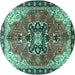 Round Machine Washable Medallion Turquoise Traditional Area Rugs, wshtr4166turq