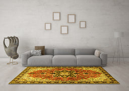 Machine Washable Medallion Yellow Traditional Rug in a Living Room, wshtr4166yw
